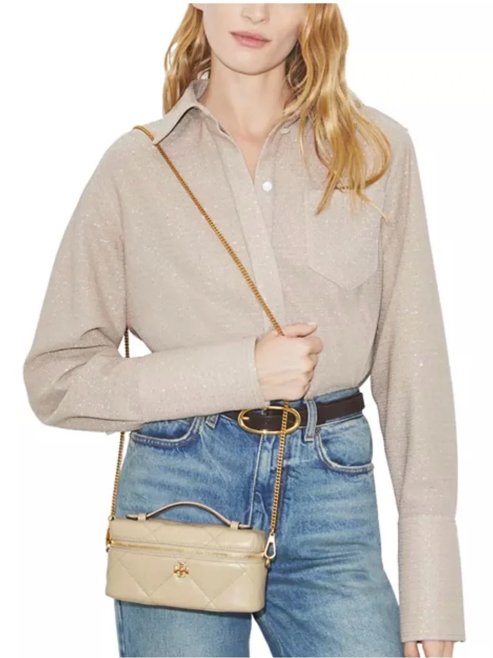 Tory Burch Cream Quilted Leather Vanity Crossbody with Gold Hardware